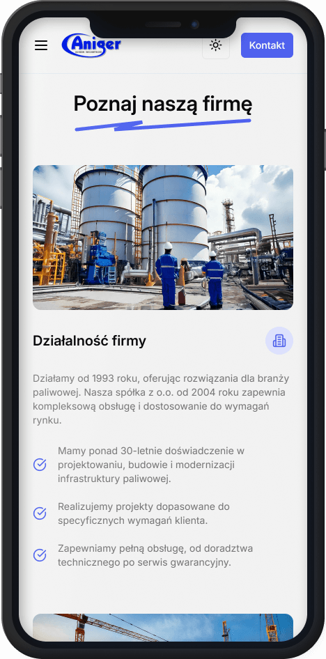 Aniger website about section on a phone