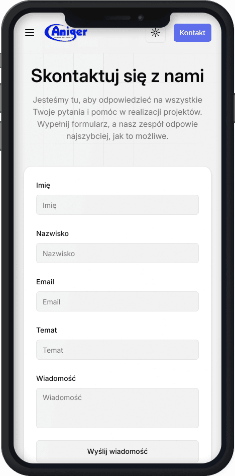 Aniger website contact page on a phone