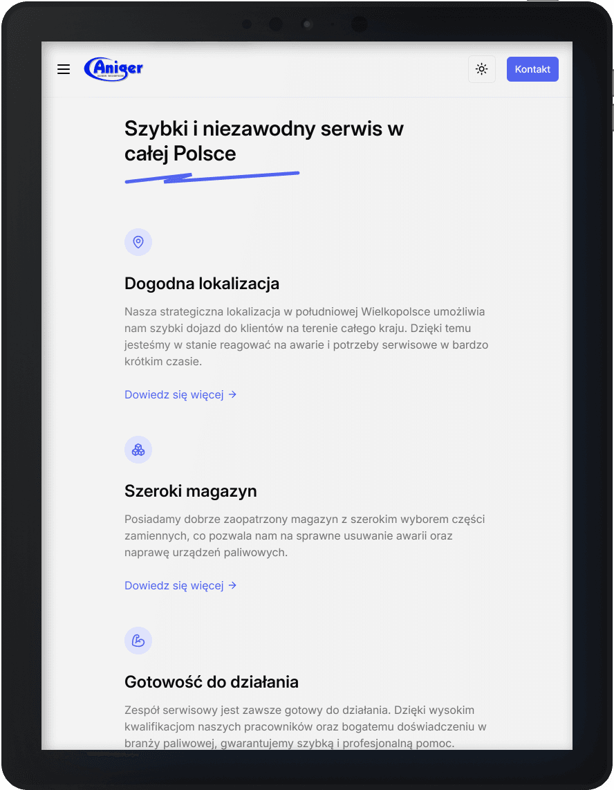 Aniger website features section on a tablet