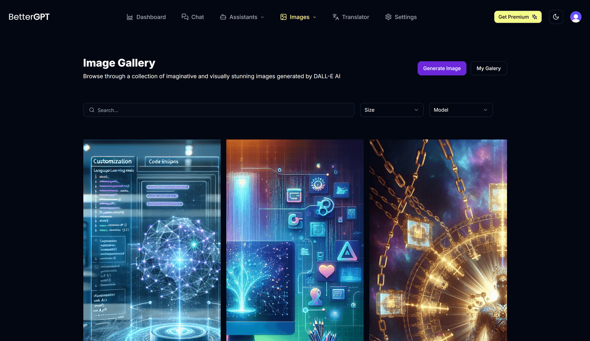 BetterGPT image gallery page screen
