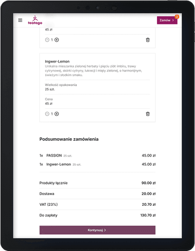 TeaToGo order page on a tablet
